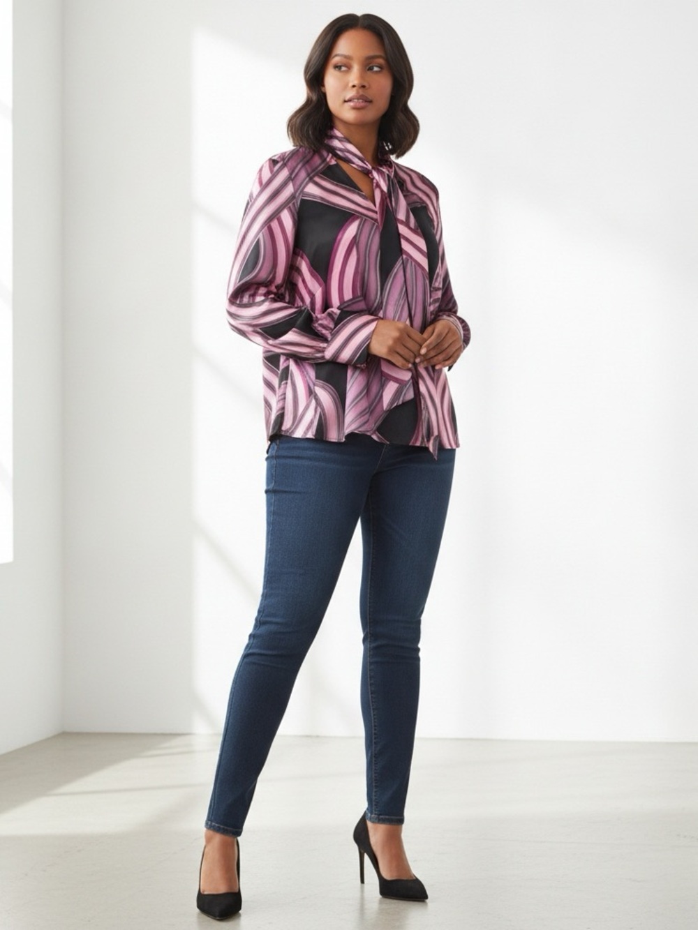 Ashley Stewart Pink & Black Abstract Tie-Neck Blouse